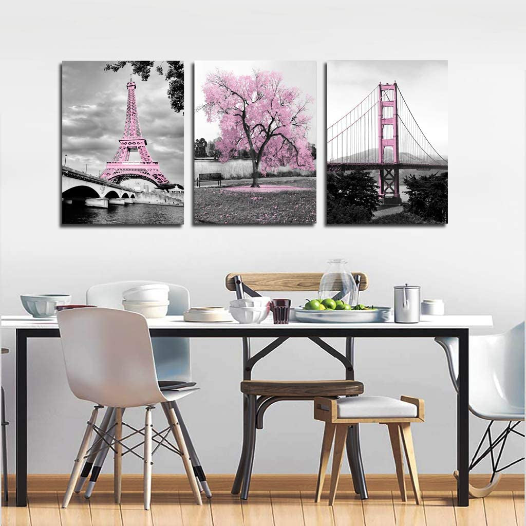 Wall Art for Bedroom Pink Tree Paris Eiffel Tower Golden Gate Bridge Romantic Black and White City Poster Bathroom Pictures Prints on Canvas for Living Room Decor