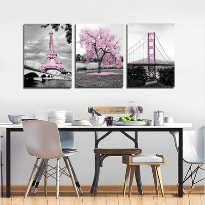 Wall Art for Bedroom Pink Tree Paris Eiffel Tower Golden Gate Bridge Romantic Black and White City Poster Bathroom Pictures Prints on Canvas for Living Room Decor