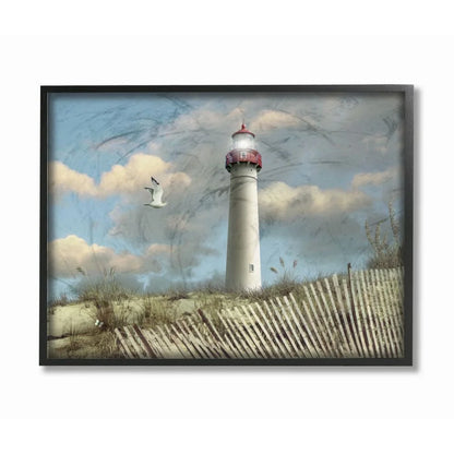 The Stupell Home Decor Collection Cape May Sand Dune Fence Lighthouse Beach Scene with Seagull Framed Giclee Texturized Art