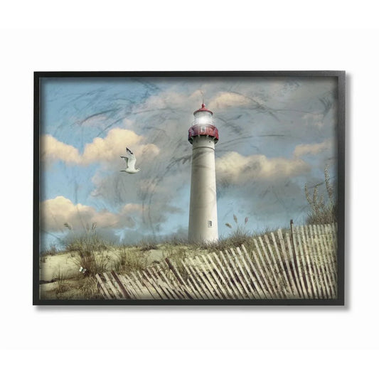 The Stupell Home Decor Collection Cape May Sand Dune Fence Lighthouse Beach Scene with Seagull Framed Giclee Texturized Art